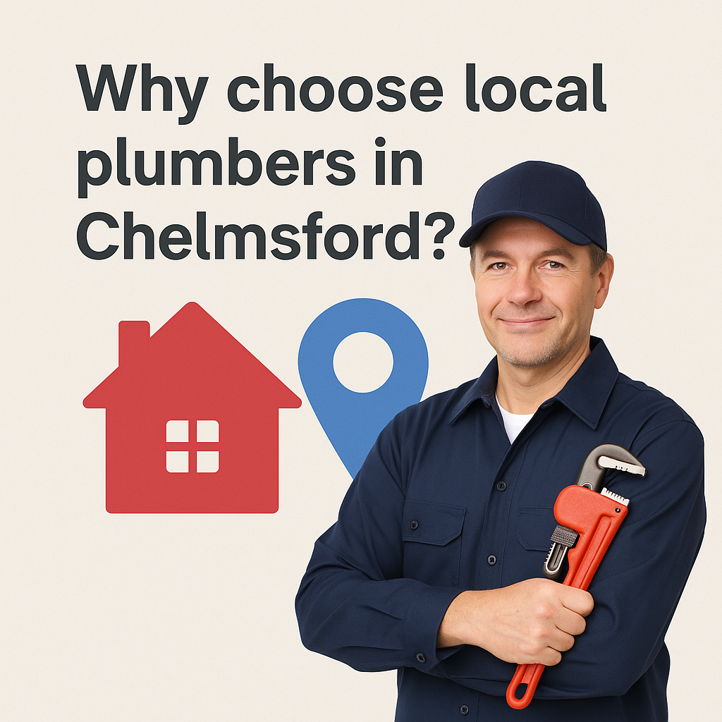 Smiling local plumber in navy uniform holding a red pipe wrench, standing beside house and location pin icons, with headline text: ‘Why choose local plumbers in Chelmsford?’