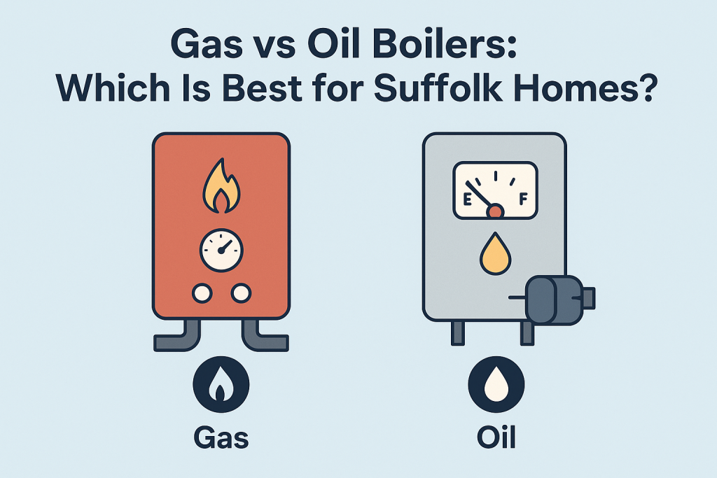 Illustration comparing gas and oil boilers for Suffolk homes. On the left, a red gas boiler with a flame icon and gauge; on the right, a grey oil boiler with a fuel gauge and oil drop symbol. Title above reads: ‘Gas vs Oil Boilers: Which Is Best for Suffolk Homes?