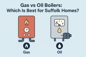 Illustration comparing gas and oil boilers for Suffolk homes. On the left, a red gas boiler with a flame icon and gauge; on the right, a grey oil boiler with a fuel gauge and oil drop symbol. Title above reads: ‘Gas vs Oil Boilers: Which Is Best for Suffolk Homes?