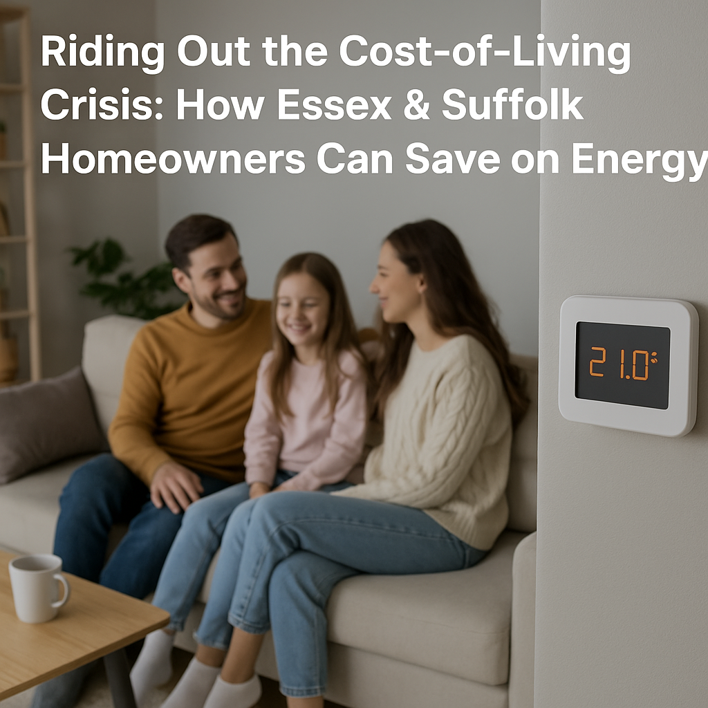 Family in a living room looking concerned about energy bills, with overlay text highlighting the cost-of-living crisis and energy savings in Essex and Suffolk.