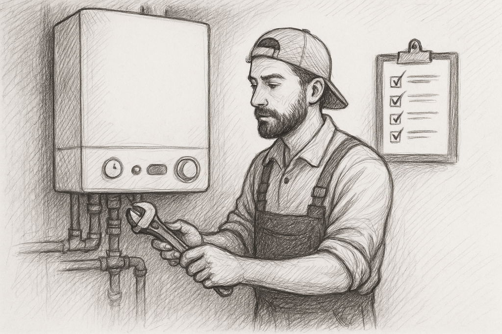 Digital illustration of a heating engineer in a Gamma Plumbing, Heating & Electrical uniform inspecting a wall-mounted boiler inside a modern home, Essex.