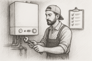 Digital illustration of a heating engineer in a Gamma Plumbing, Heating & Electrical uniform inspecting a wall-mounted boiler inside a modern home, Essex.